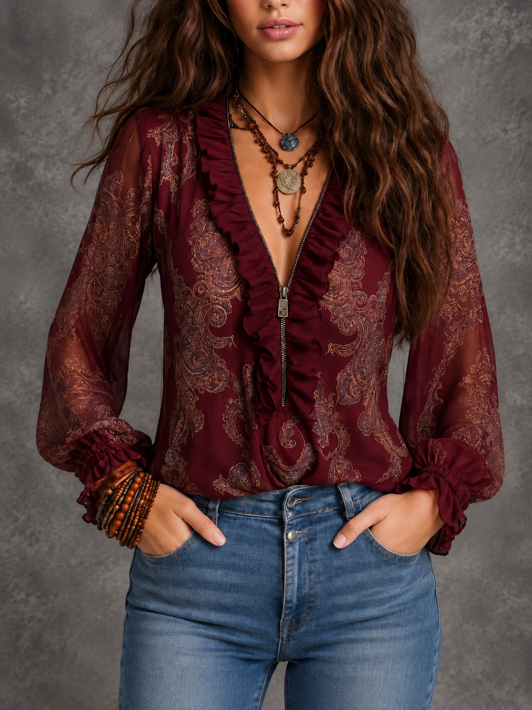 Camicetta da Donna con Stampa Paisley e Collo con Volant