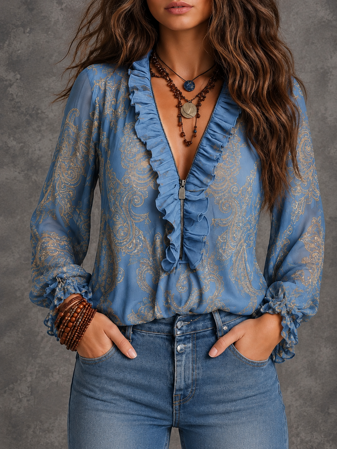 Camicetta da Donna con Stampa Paisley e Collo con Volant