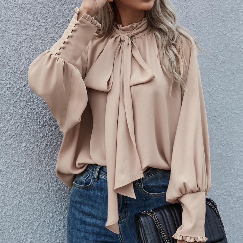 Yvessa - Elegante blusa ampia con collo alto e maniche lunghe