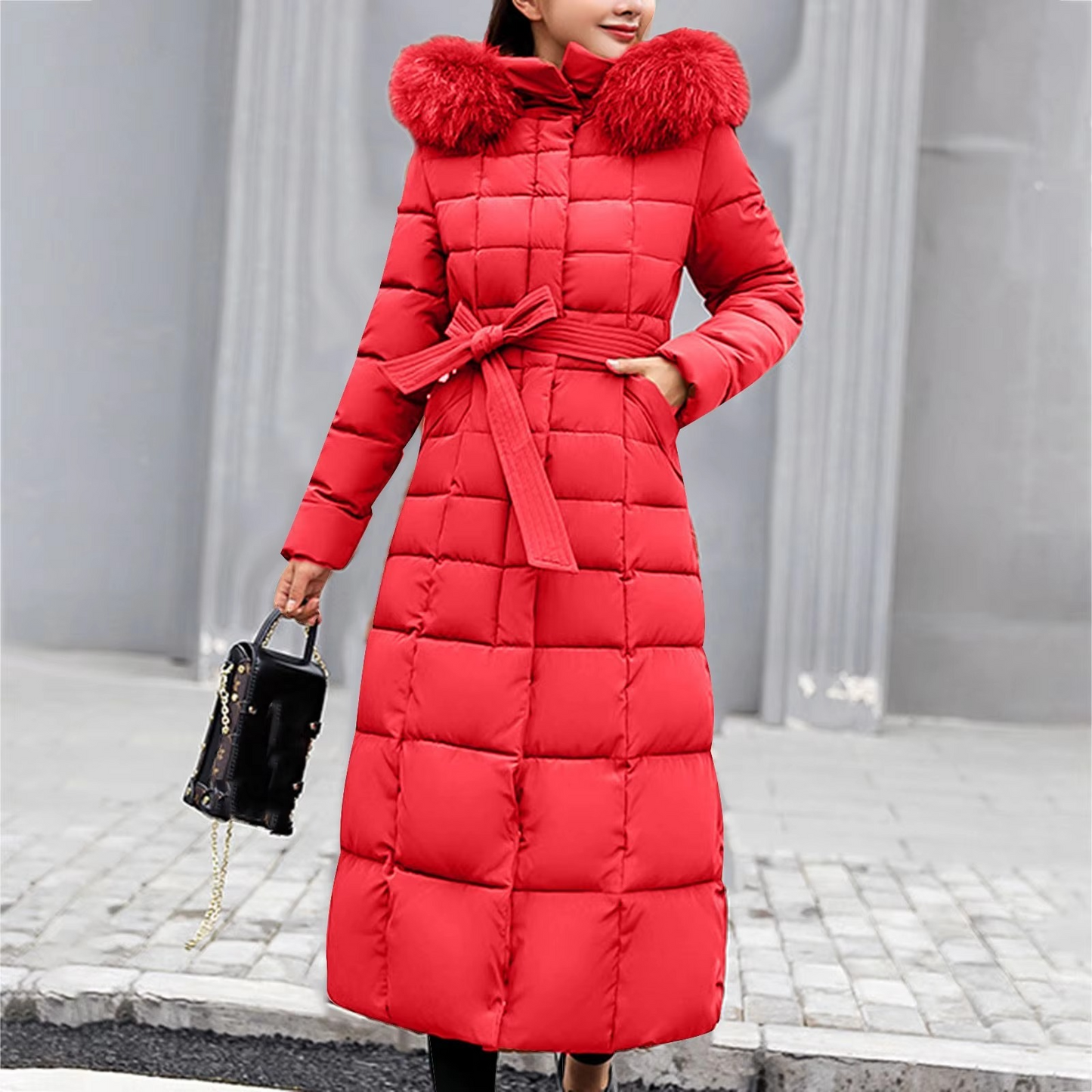 Zabrina - Cappotto lungo imbottito elegante con collo in pelliccia sintetica