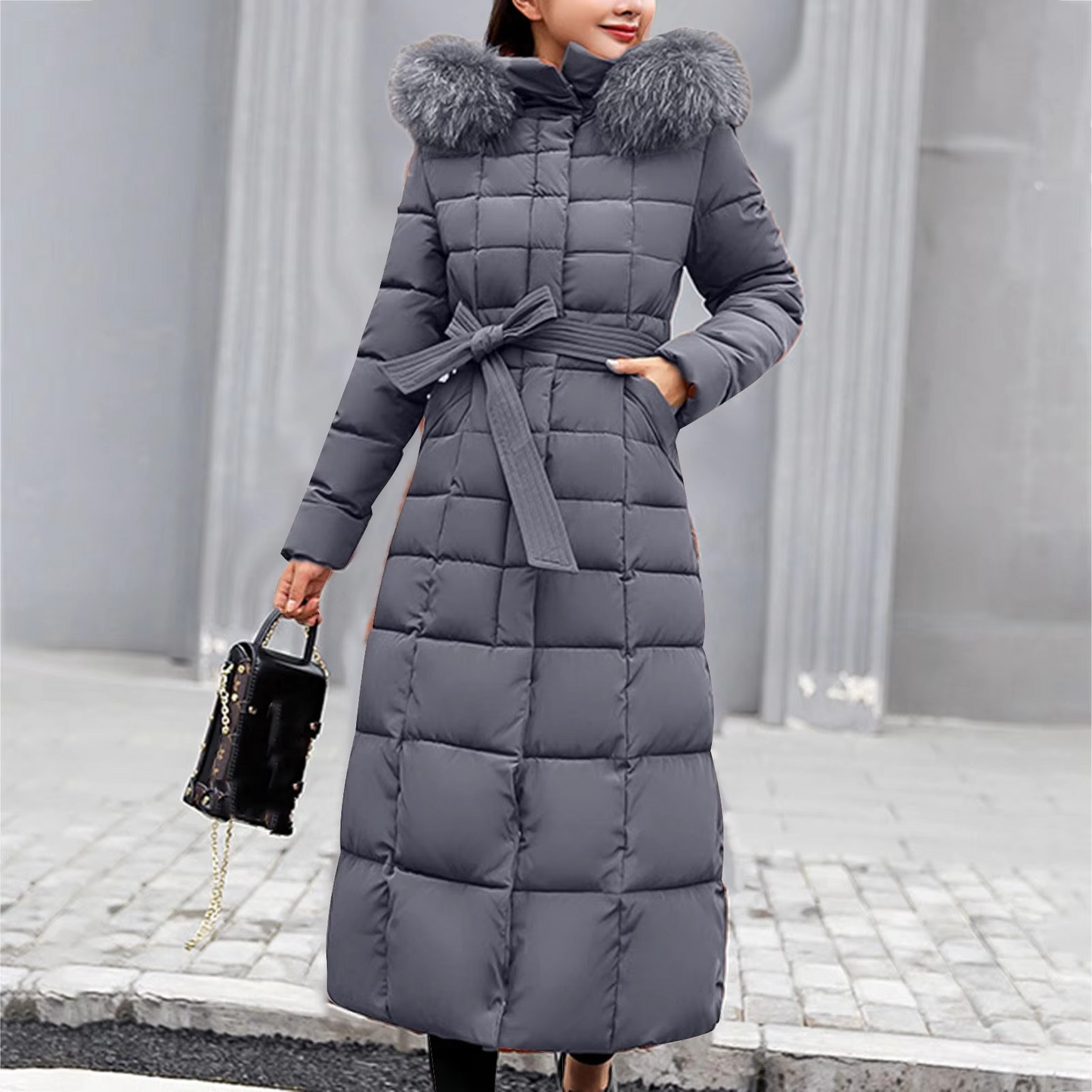 Zabrina - Cappotto lungo imbottito elegante con collo in pelliccia sintetica