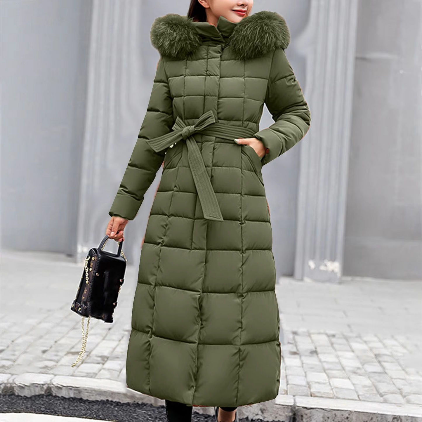 Zabrina - Cappotto lungo imbottito elegante con collo in pelliccia sintetica