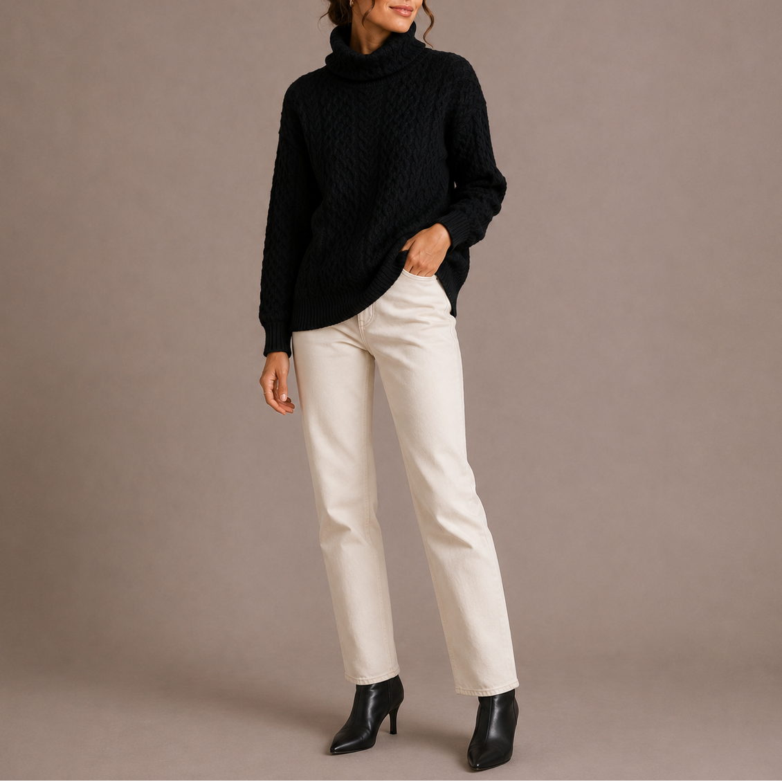 Maglione a Treccia Grosso con Collo Alto da Donna