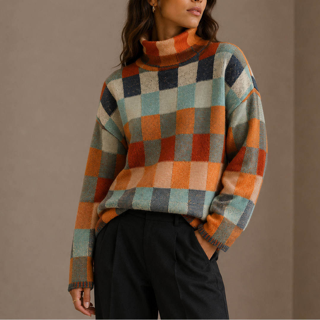 Maglione a Collo Alto con Fantasia a Quadri da Donna