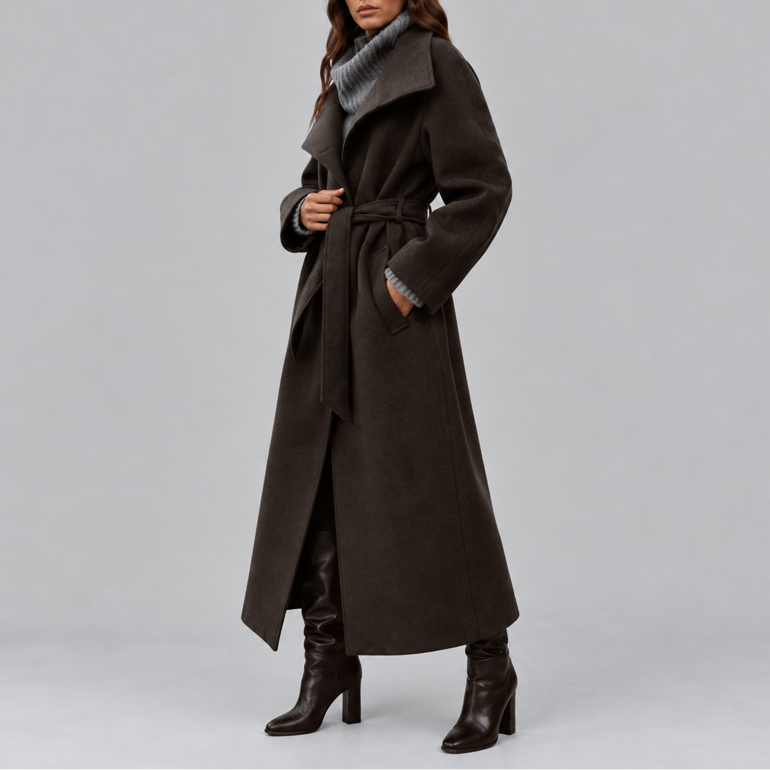 Cappotto Lungo da Donna in Lana con Cintura