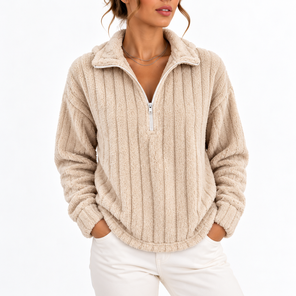 Felpa a Costine con Mezza Zip da Donna
