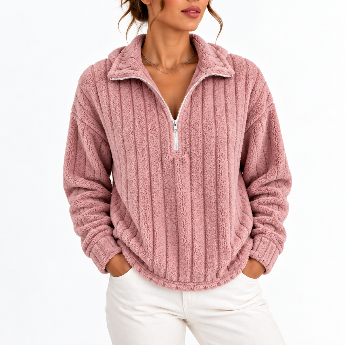 Felpa a Costine con Mezza Zip da Donna