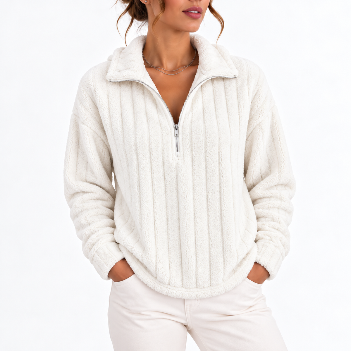Felpa a Costine con Mezza Zip da Donna