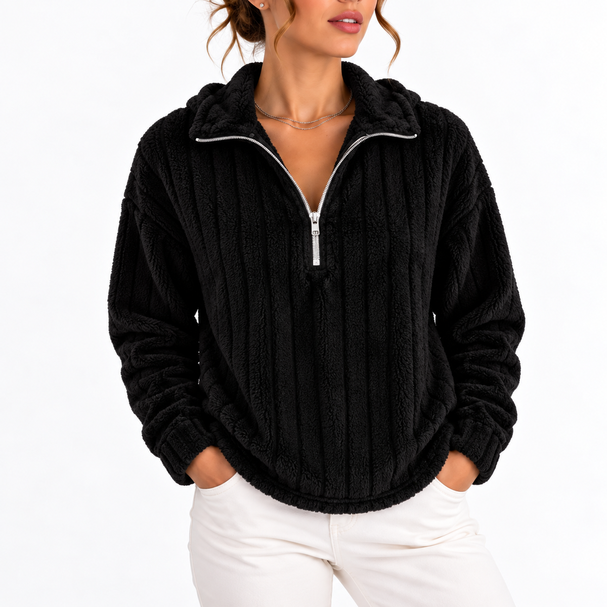 Felpa a Costine con Mezza Zip da Donna