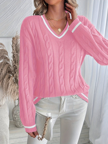 Maglione da Donna in Maglia a Trecce con Dettagli a Contrasto