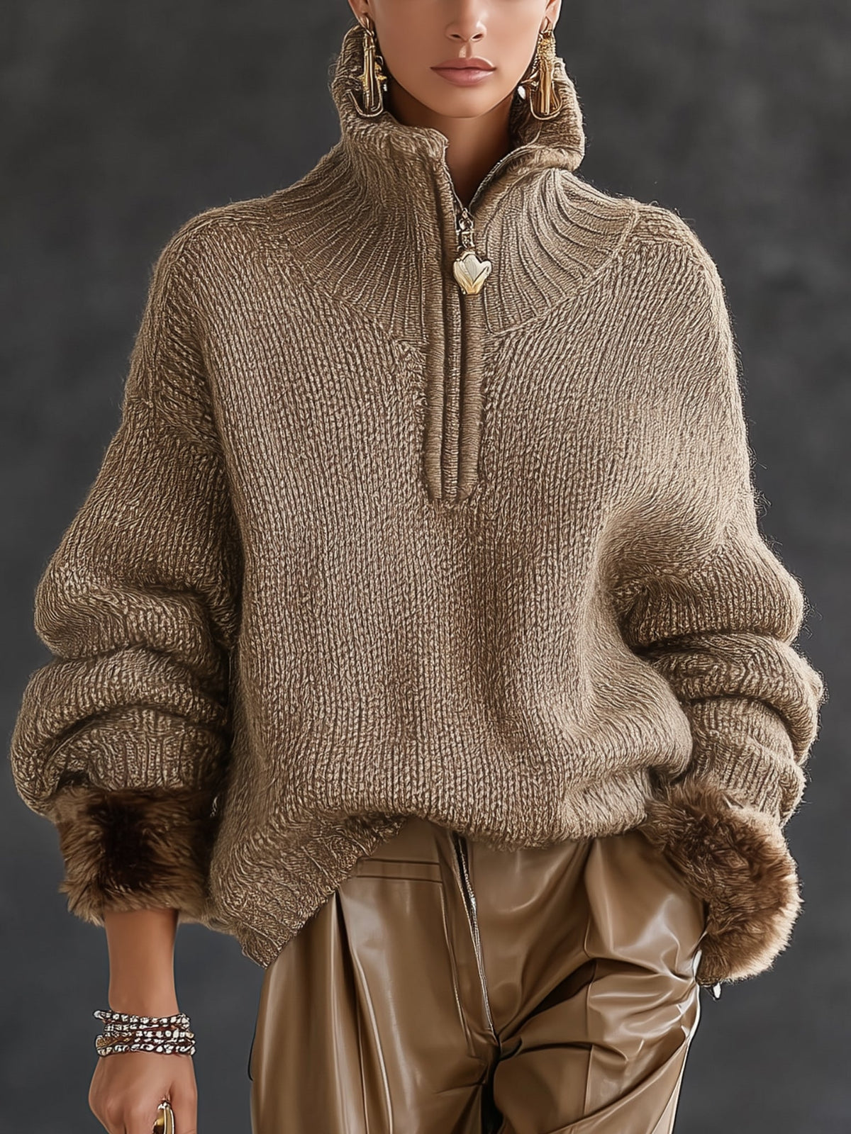Maglione Donna in Maglia Grossa con Polsini in Pelliccia