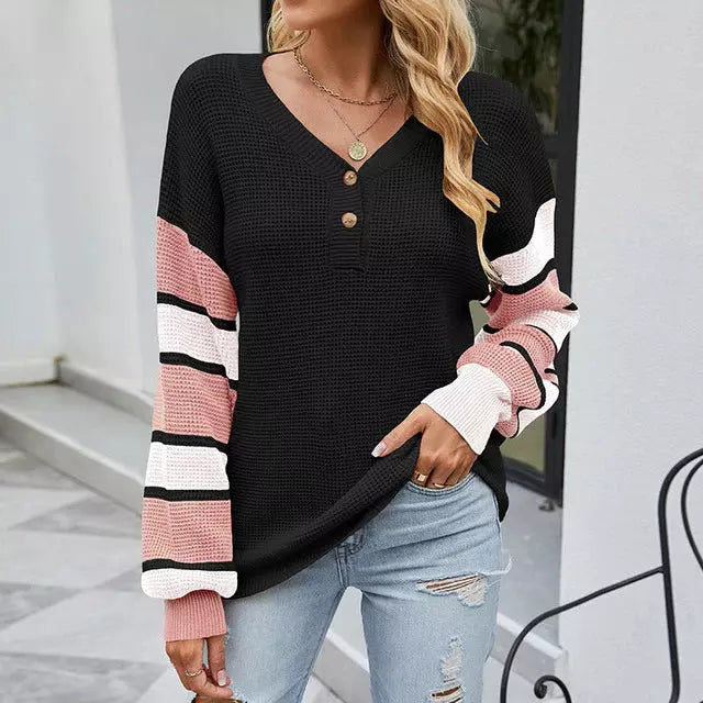 Jolietta - Maglione chic in maglia waffle a righe con maniche lunghe