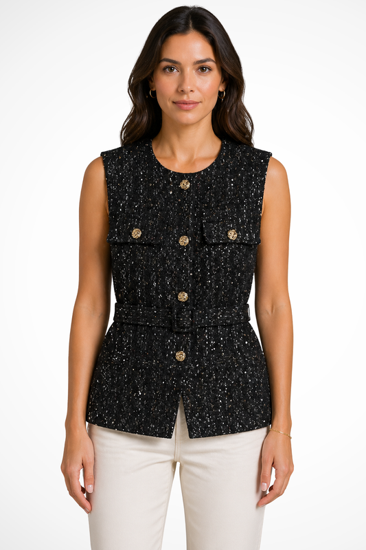 Top in Tweed con Bottoni Dorati da Donna