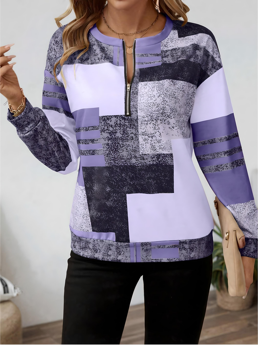 Karah - Elegante maglione vintage con inserti colorati e mezza zip