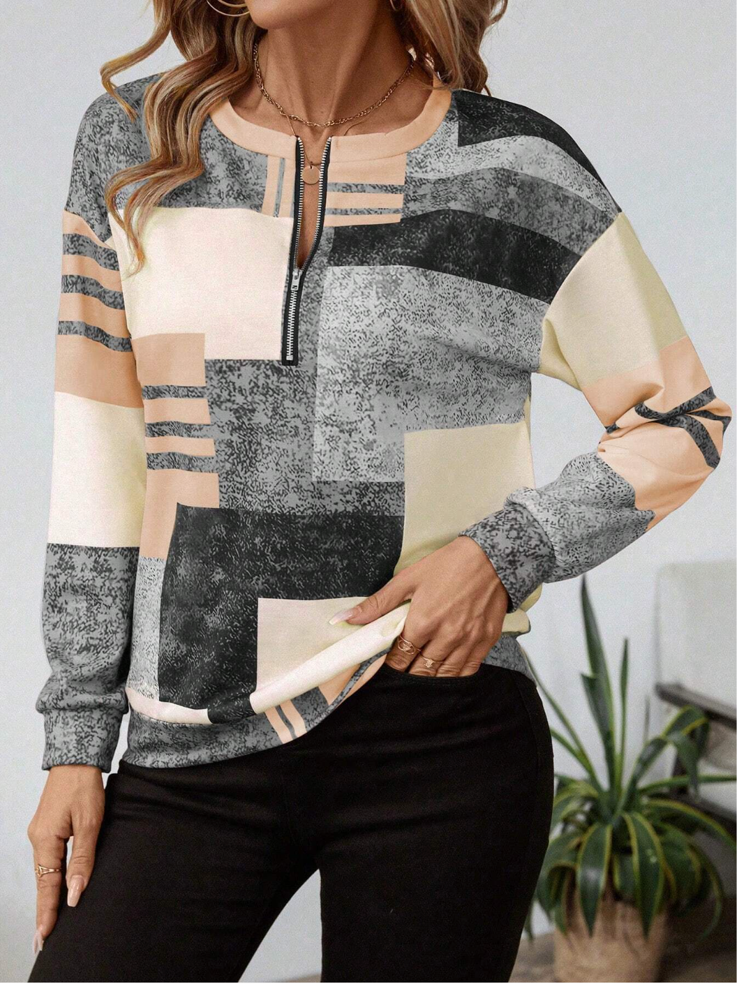 Karah - Elegante maglione vintage con inserti colorati e mezza zip
