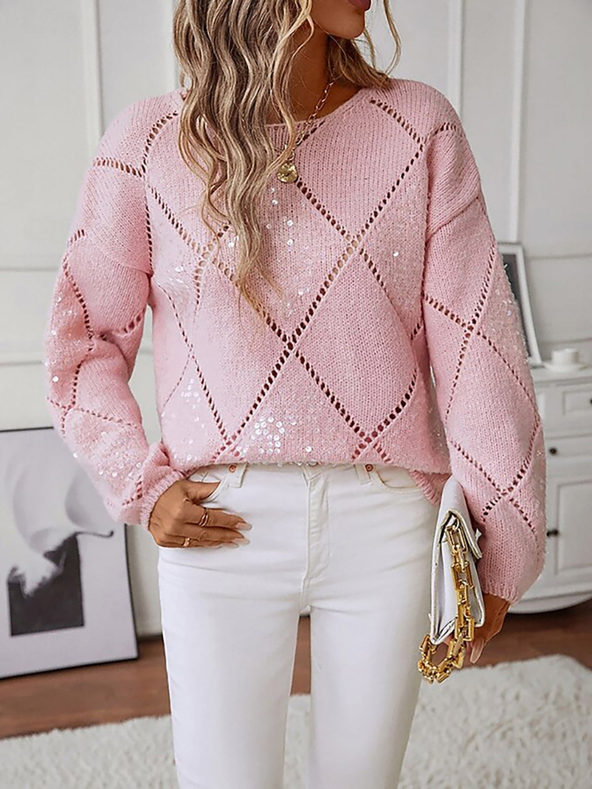 Maglione in Maglia con Paillettes a Diamanti da Donna
