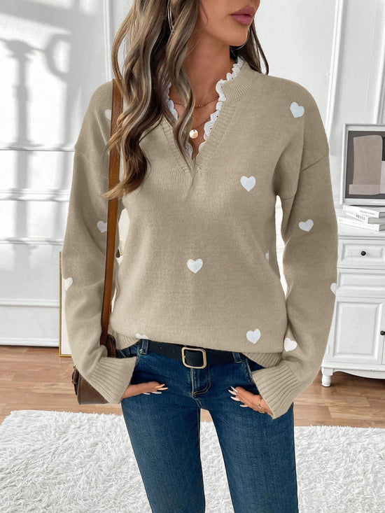 Maglione Donna con Cuori Stampati e Scollo a V
