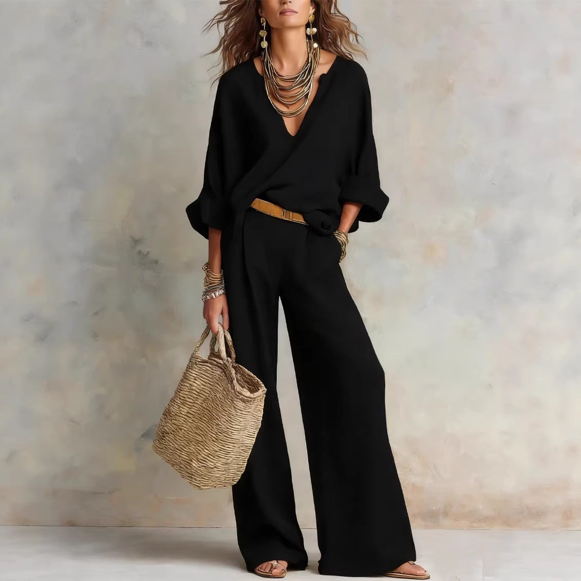 Completo in Lino con Scollo a V e Pantaloni da Donna