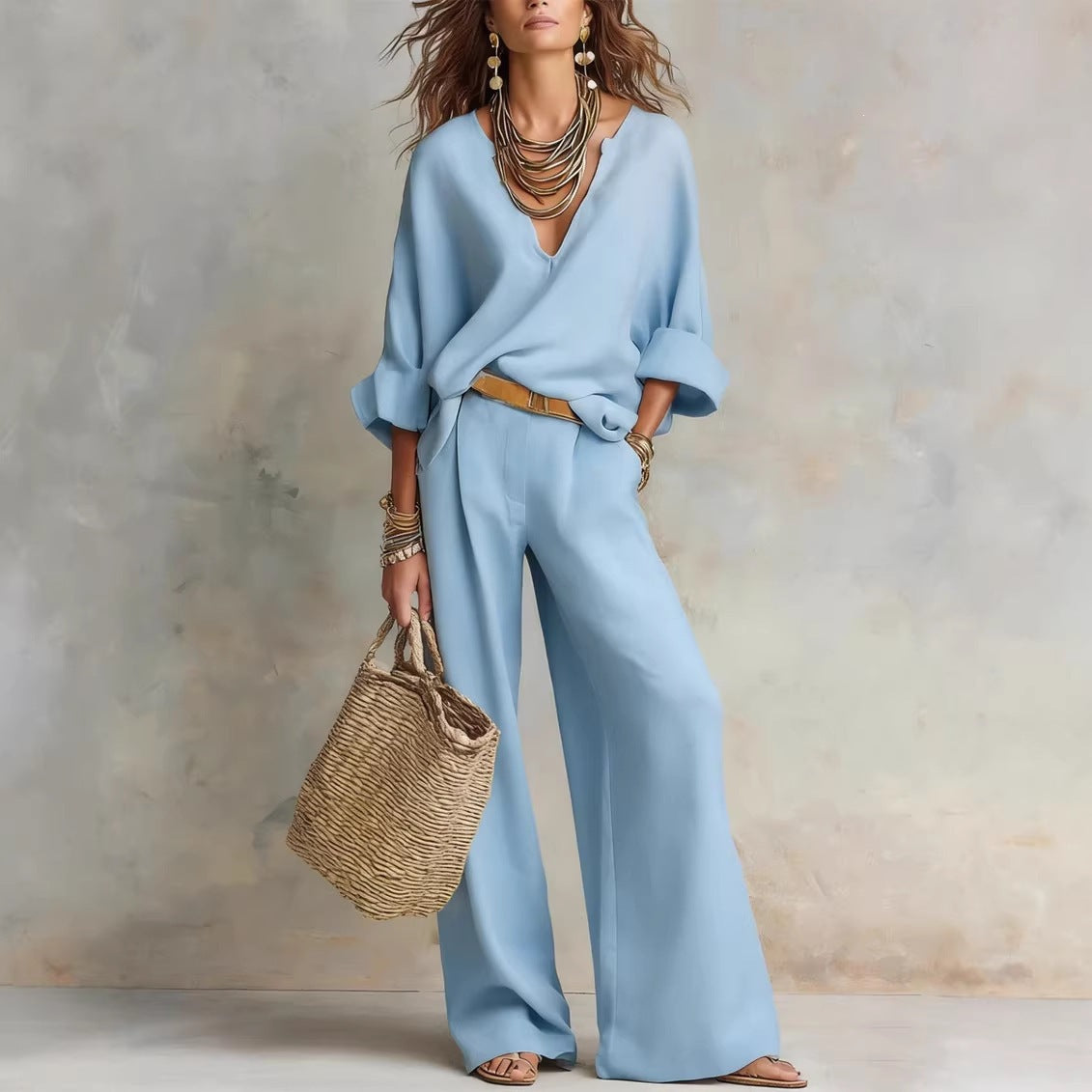 Completo in Lino con Scollo a V e Pantaloni da Donna