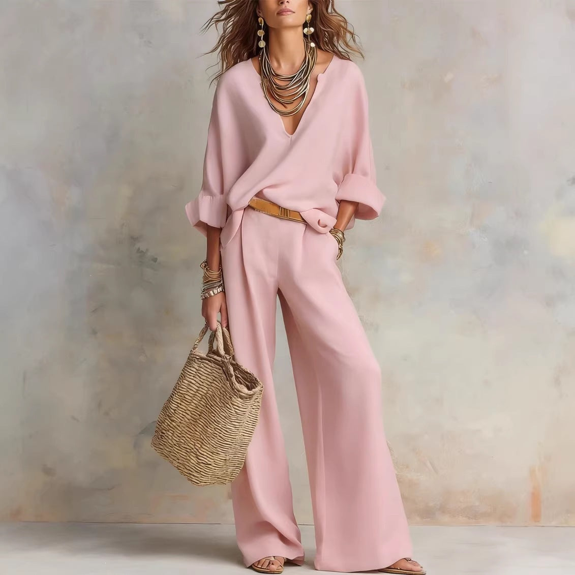 Completo in Lino con Scollo a V e Pantaloni da Donna