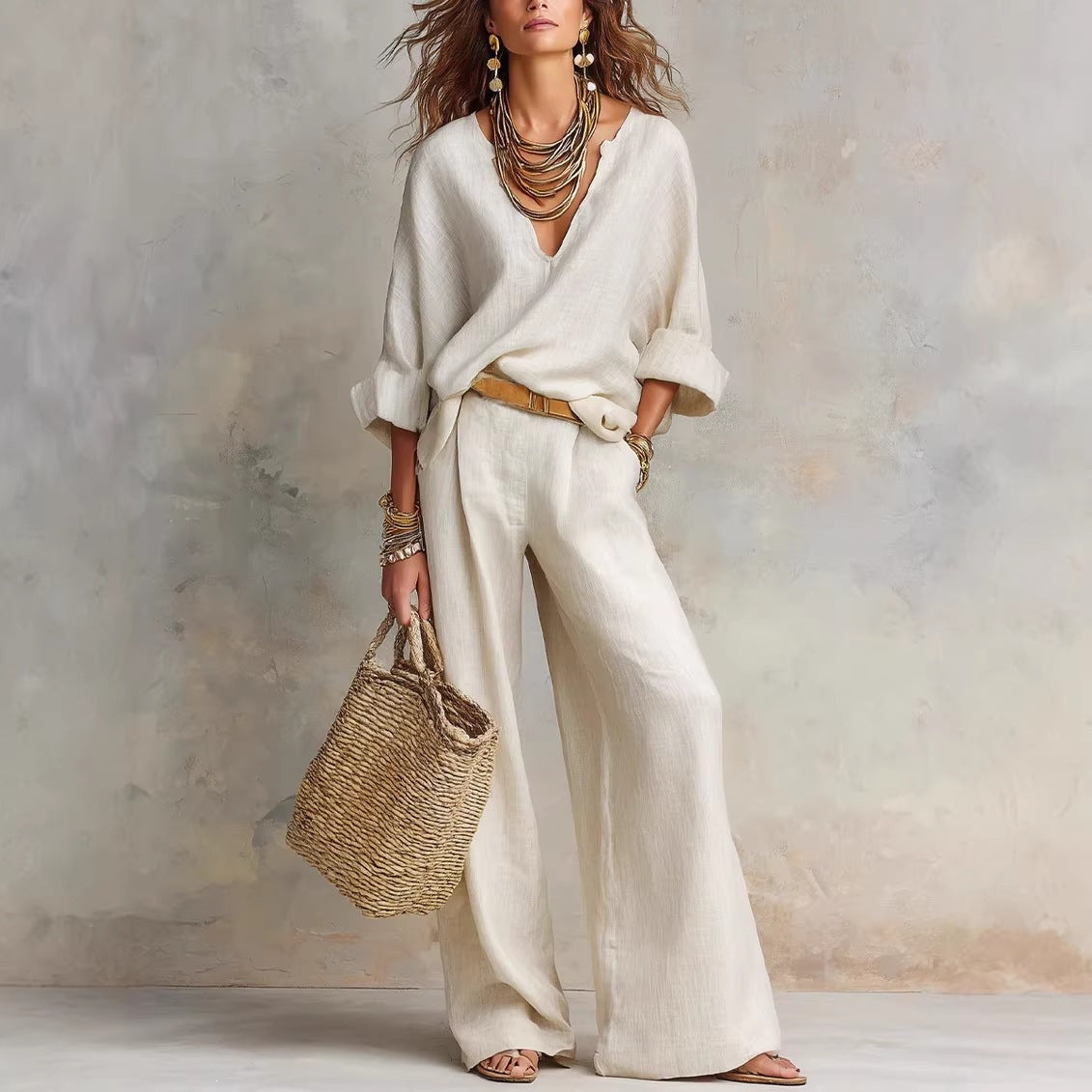 Completo in Lino con Scollo a V e Pantaloni da Donna