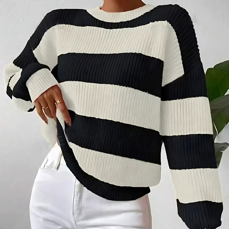 Rosaria - Maglione elegante a righe con maniche a palloncino e maglia a costine