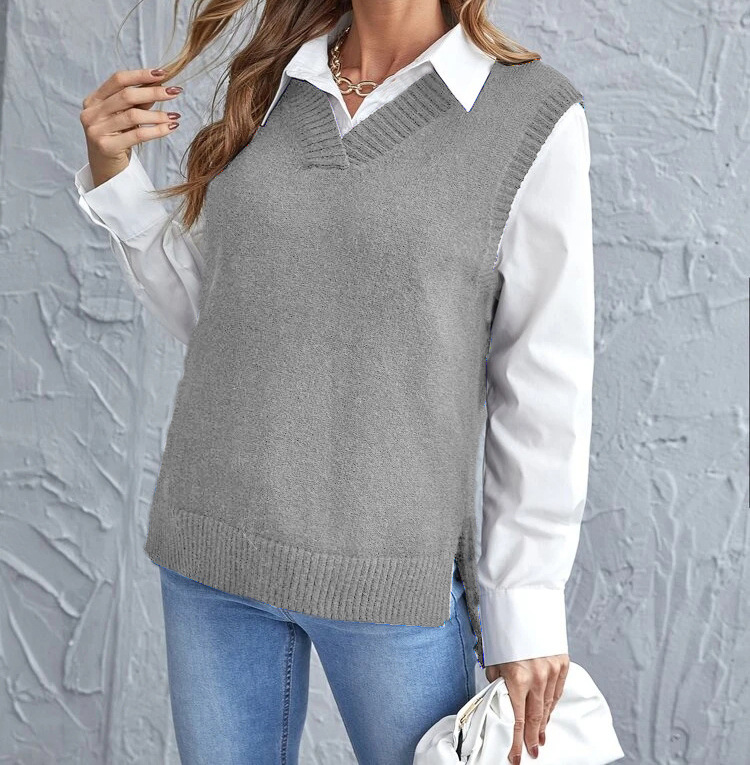 Ohanna - Gilet in maglia casual con scollo a V senza maniche