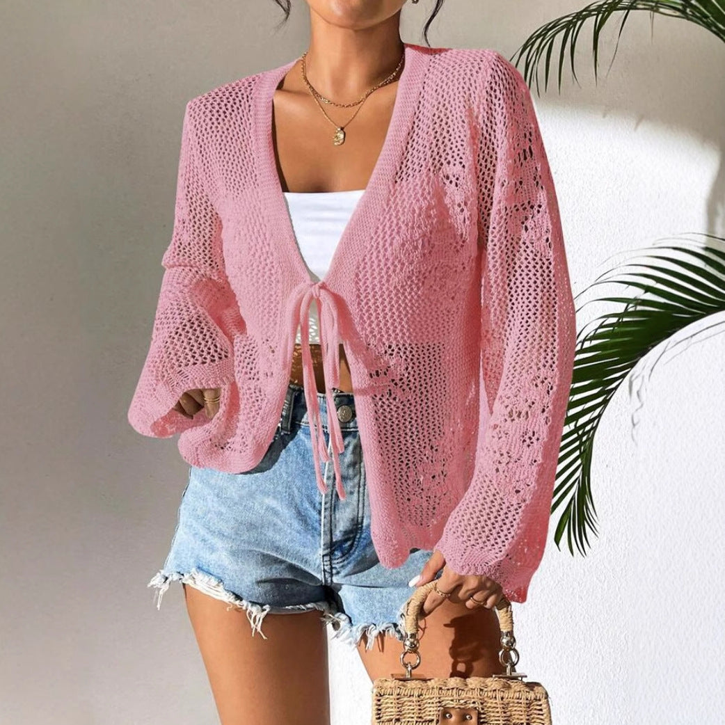 Rozlyn - Cardigan ampio traforato con chiusura a fiocco