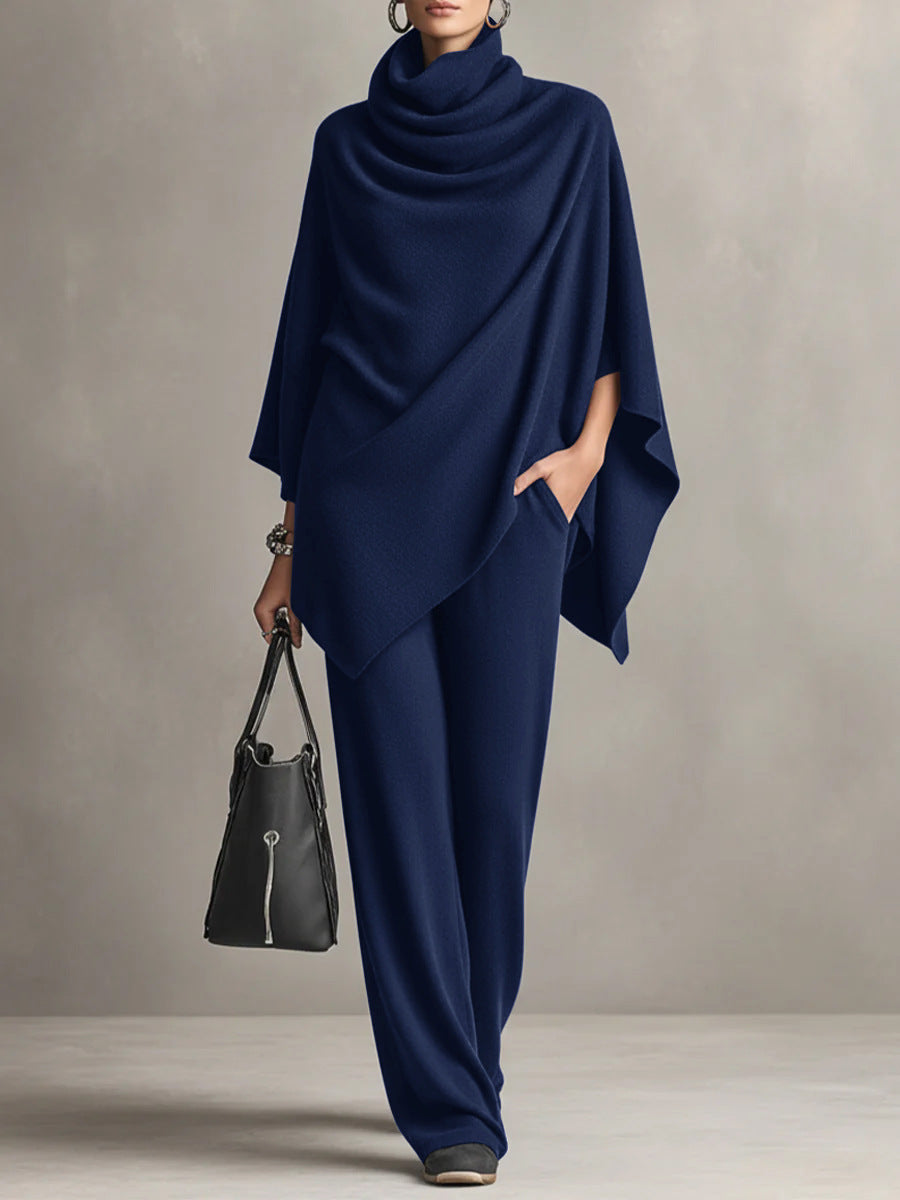 Yashmine - Completo elegante maglione a collo alto cape e pantaloni