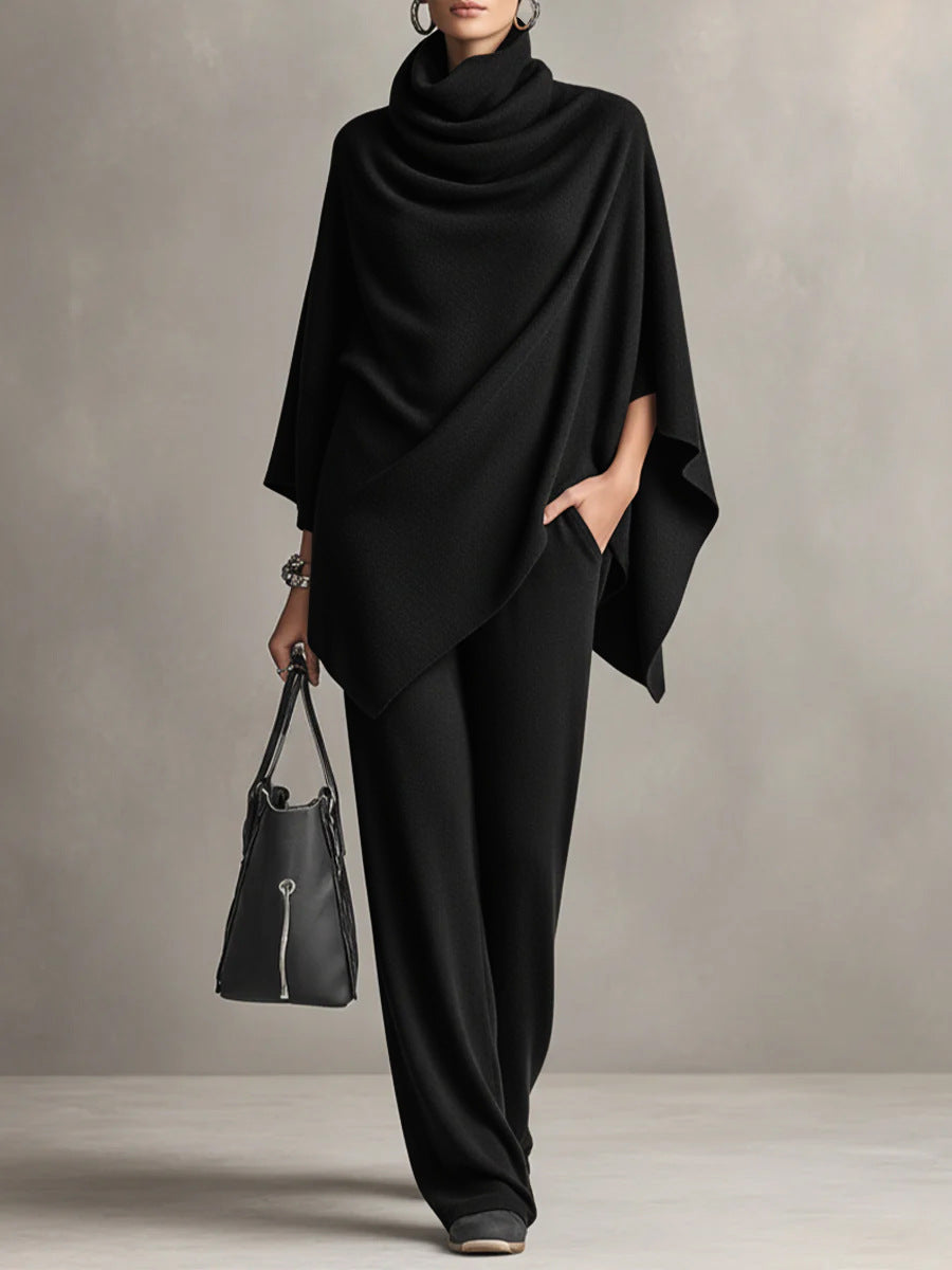 Yashmine - Completo elegante maglione a collo alto cape e pantaloni
