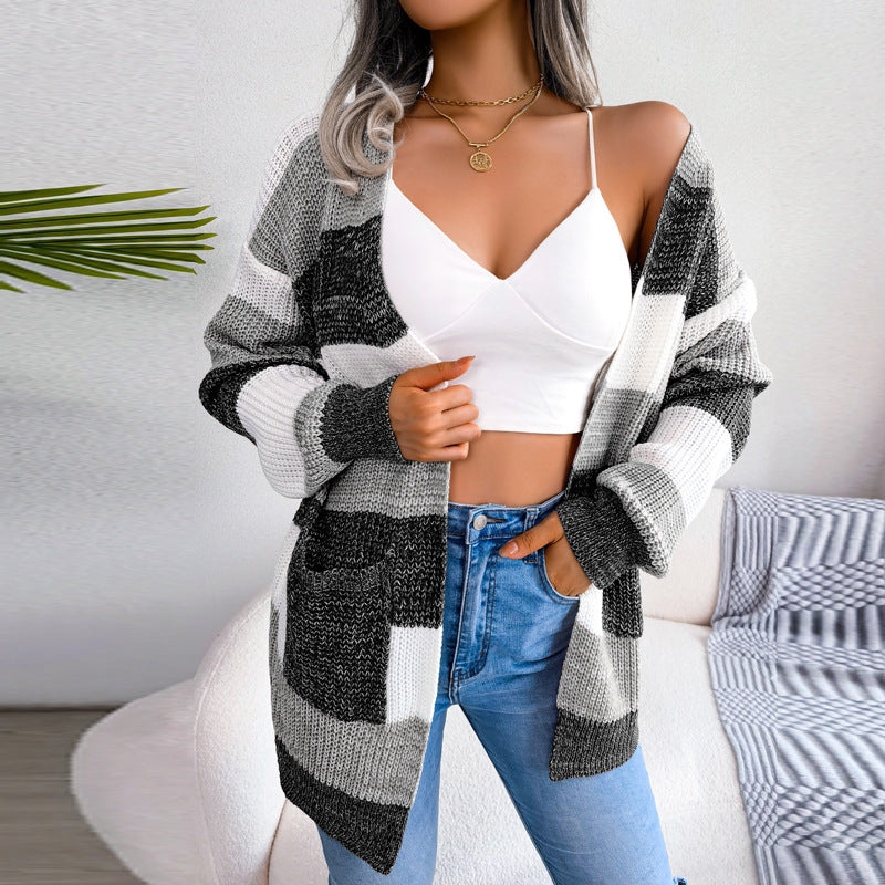 Jimena - Cardigan Lungo a Righe con Maniche a Lanterna Casual