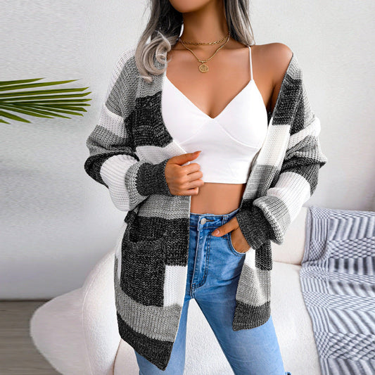 Jimena - Cardigan Lungo a Righe con Maniche a Lanterna Casual