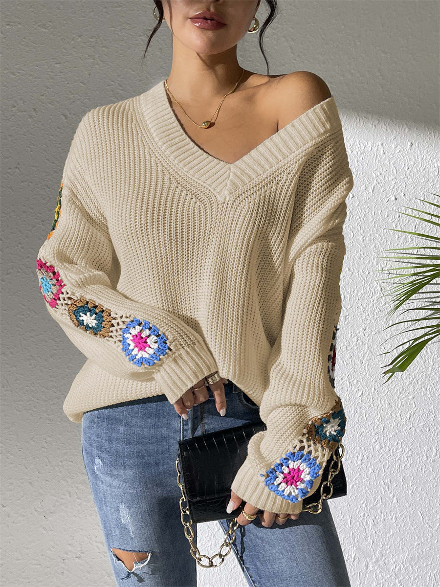 Zandra – Maglione in Maglia con Patch Crochet e Maniche Lunghe