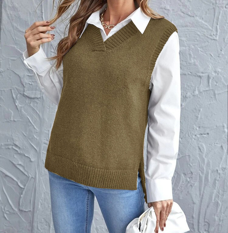 Ohanna - Gilet in maglia casual con scollo a V senza maniche