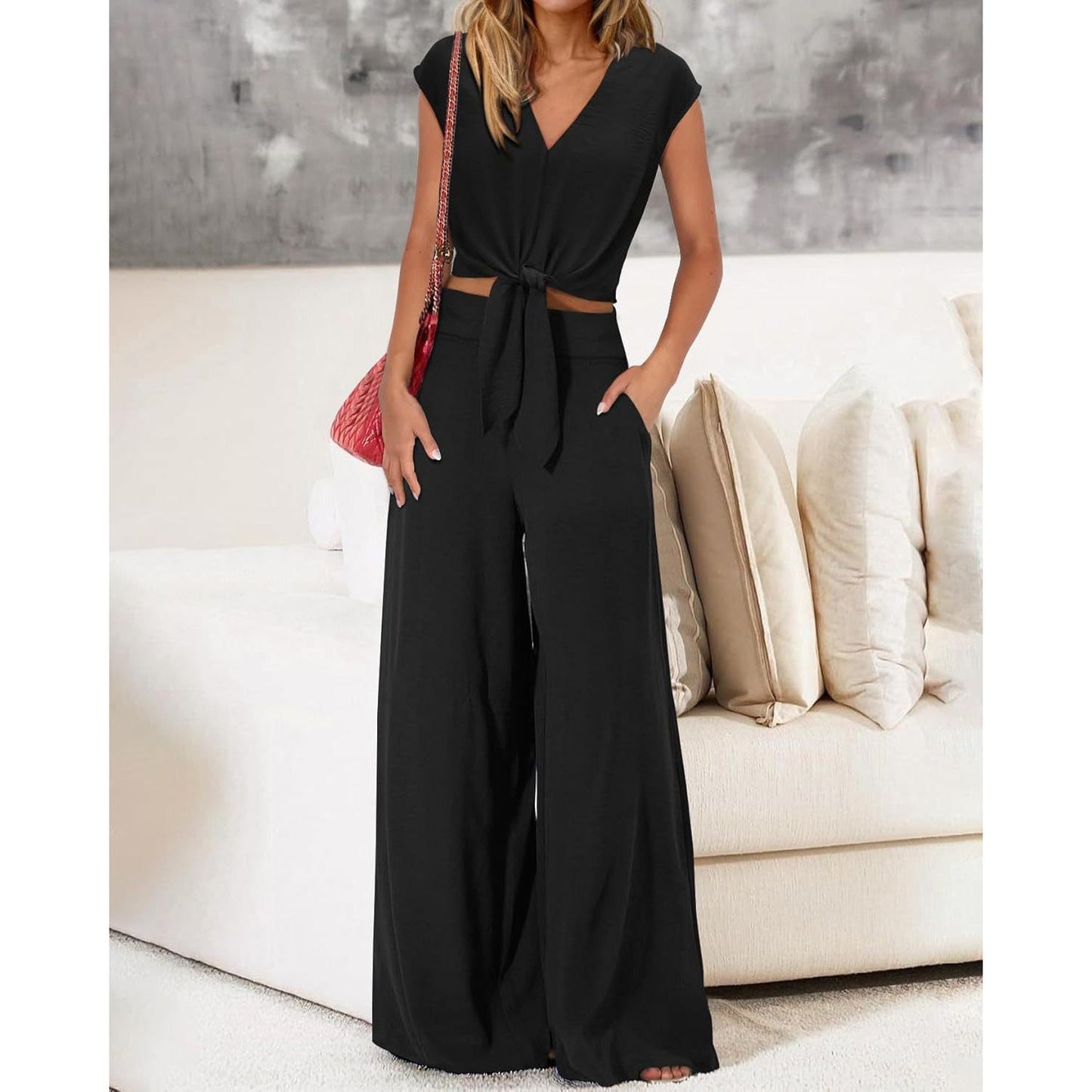Analise - Completo elegante con top corto e pantaloni a vita alta