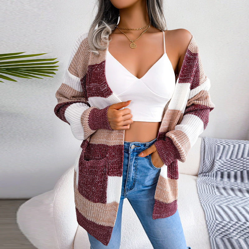 Jimena - Cardigan Lungo a Righe con Maniche a Lanterna Casual