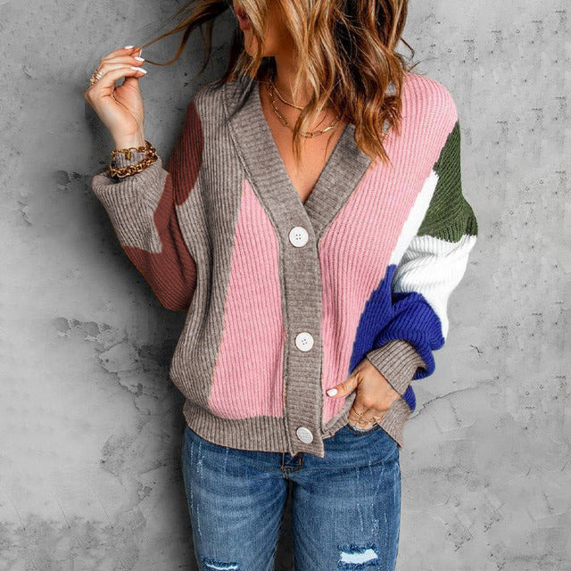 Ophelia - Cardigan caldo a righe colorblock alla moda