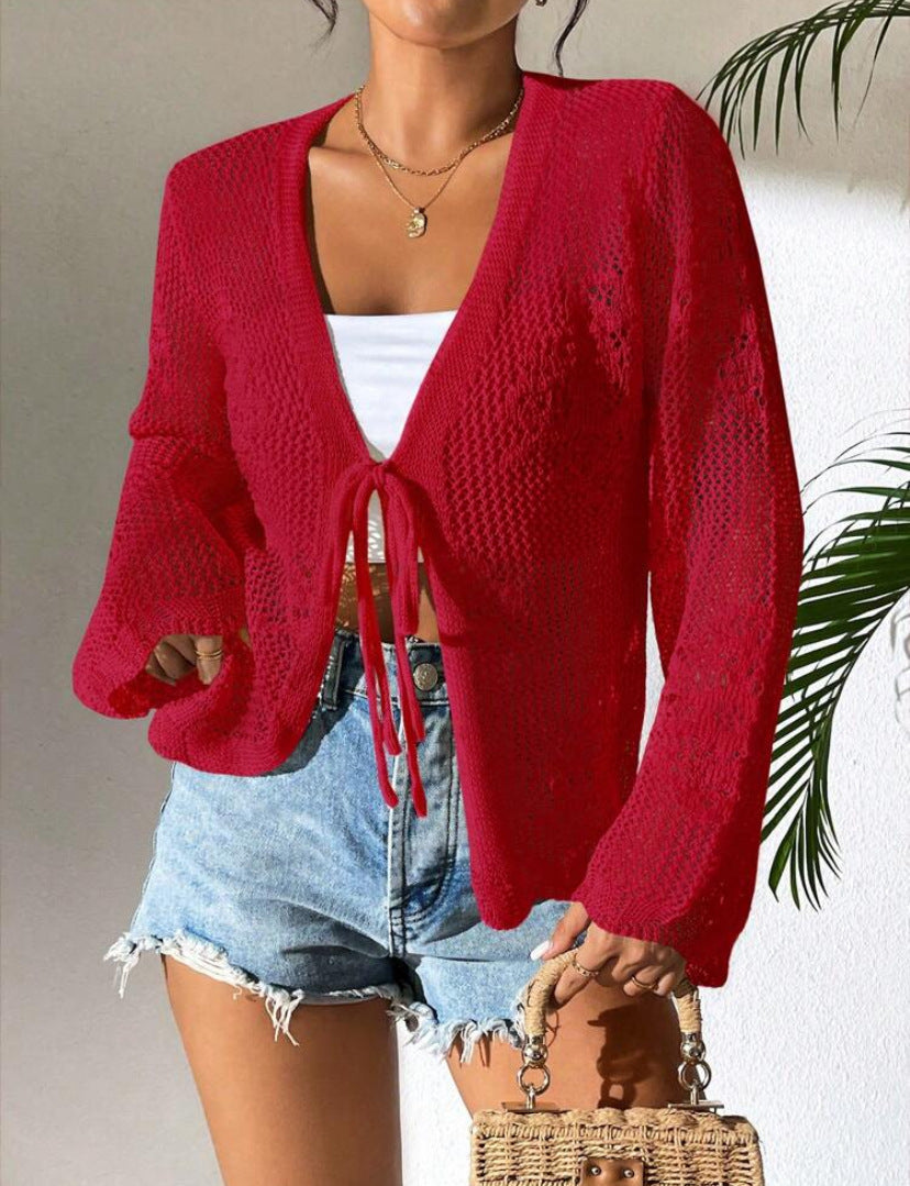Rozlyn - Cardigan ampio traforato con chiusura a fiocco