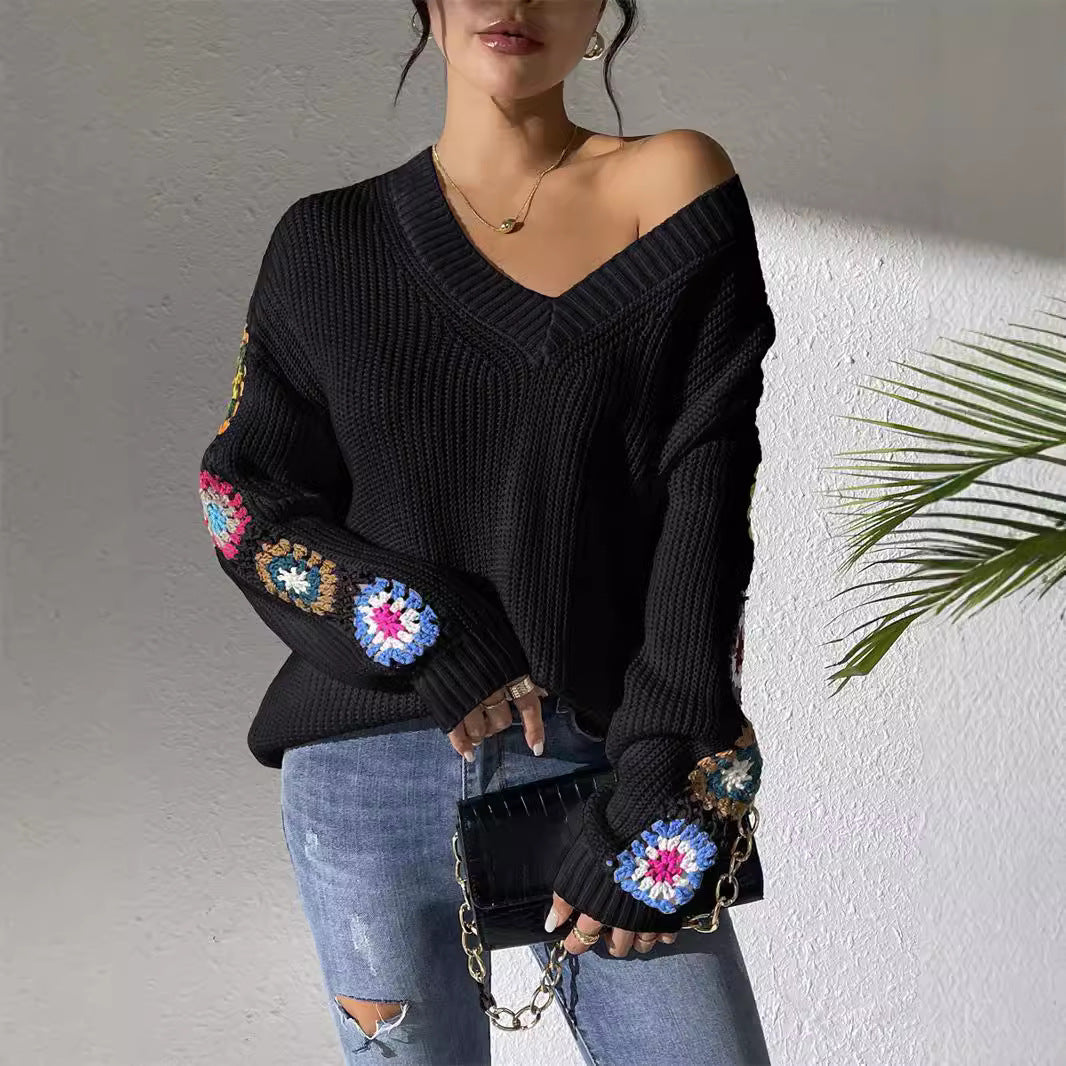 Zandra – Maglione in Maglia con Patch Crochet e Maniche Lunghe