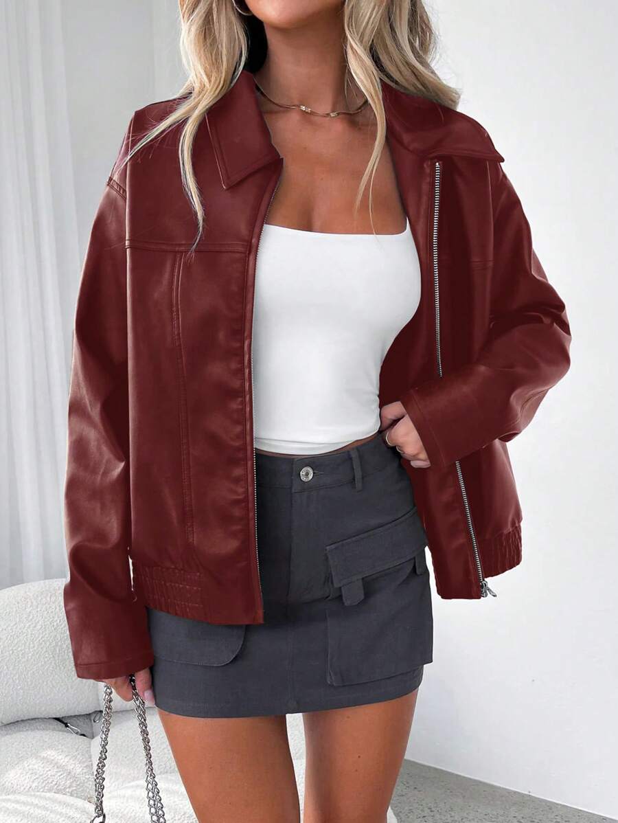Giacca Oversize da Donna in Pelle con Orlo Arricciato