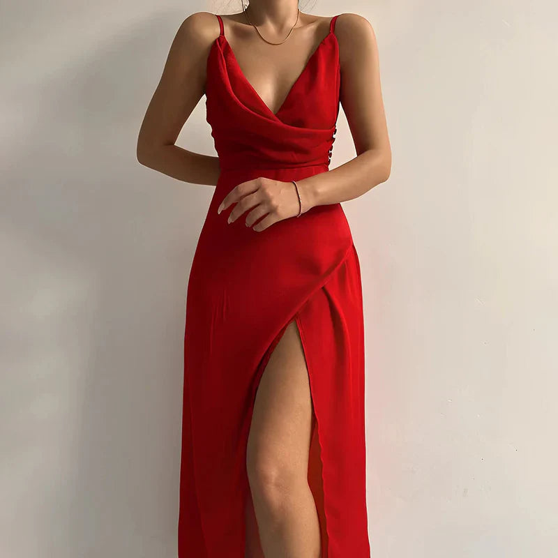 Audra - Abito elegante con scollo a V profondo e spacco alto
