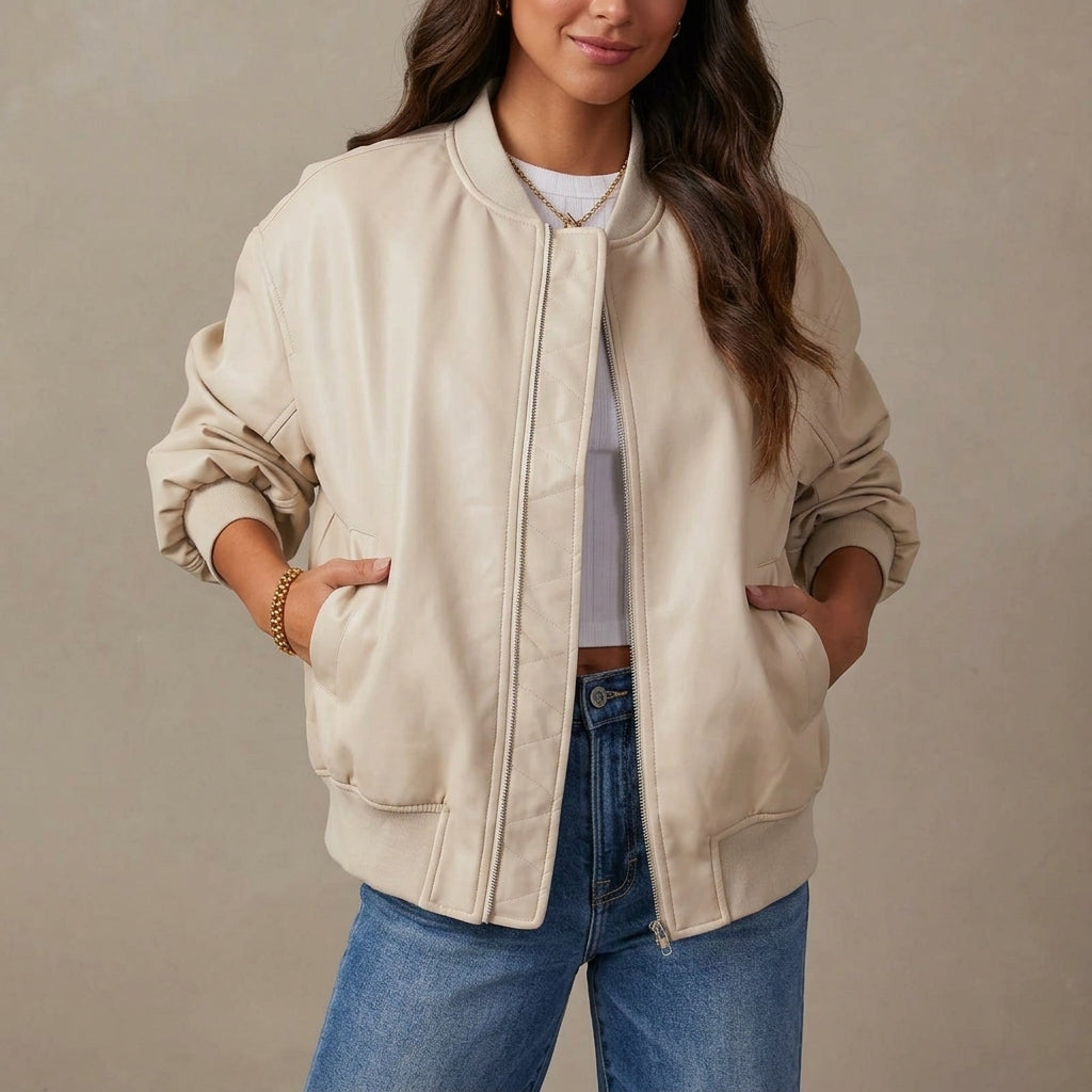 Giacca Bomber da Donna in Pelle dal Taglio Rilassato