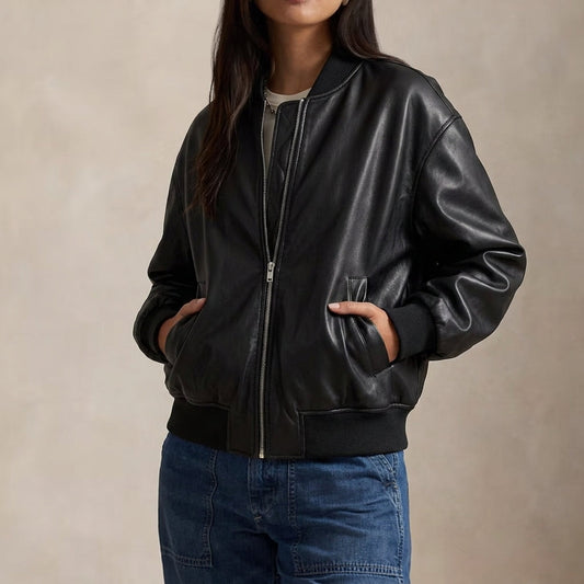 Giacca Bomber da Donna in Pelle dal Taglio Rilassato