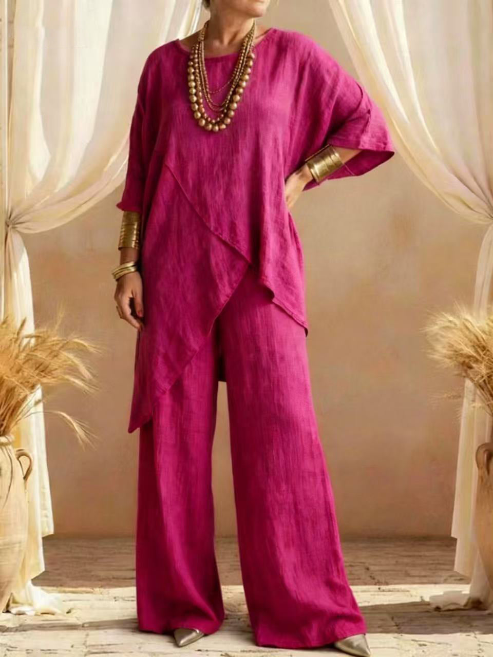 Completo in Lino con Tunica Asimmetrica e Pantaloni da Donna