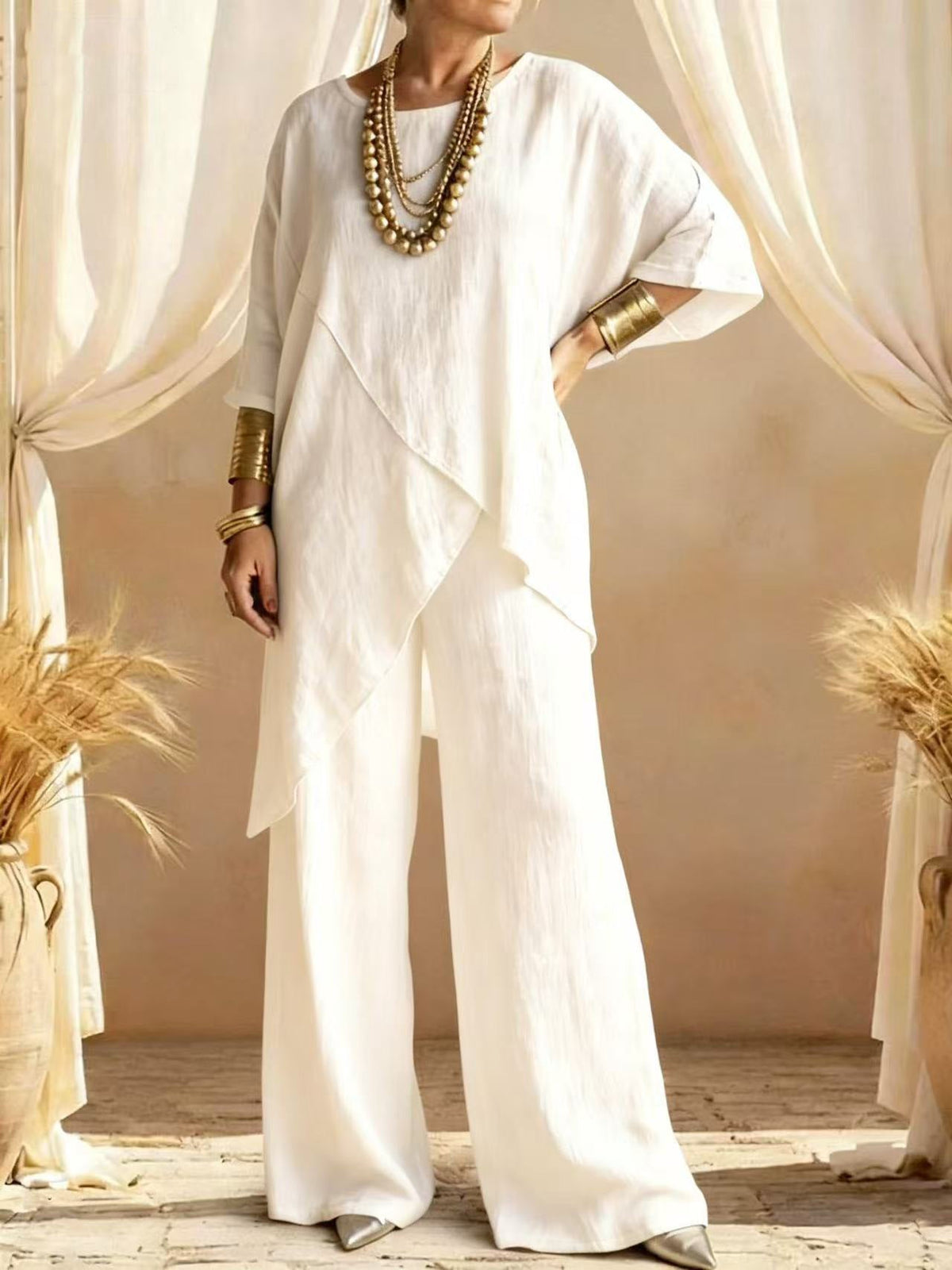 Completo in Lino con Tunica Asimmetrica e Pantaloni da Donna