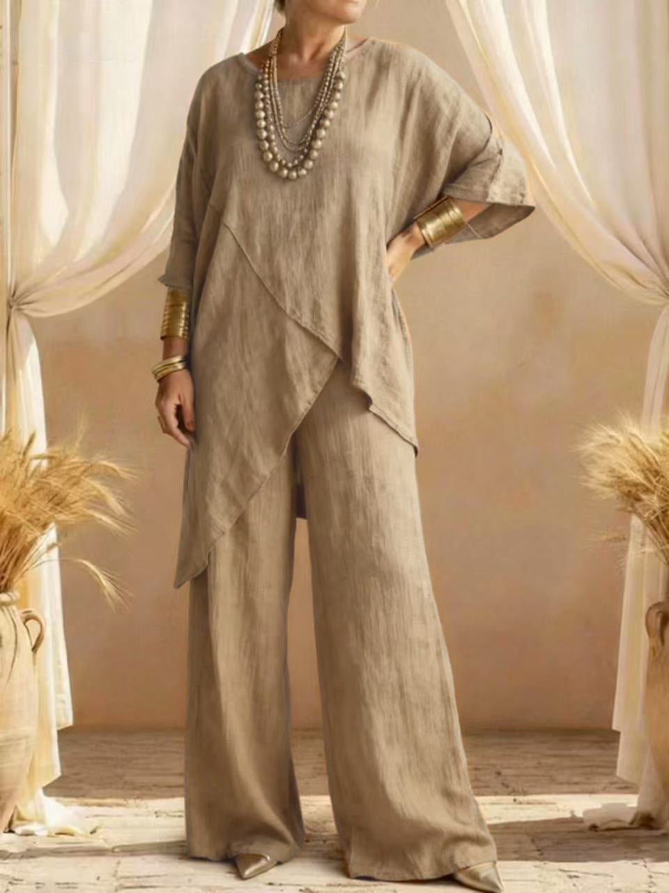 Completo in Lino con Tunica Asimmetrica e Pantaloni da Donna