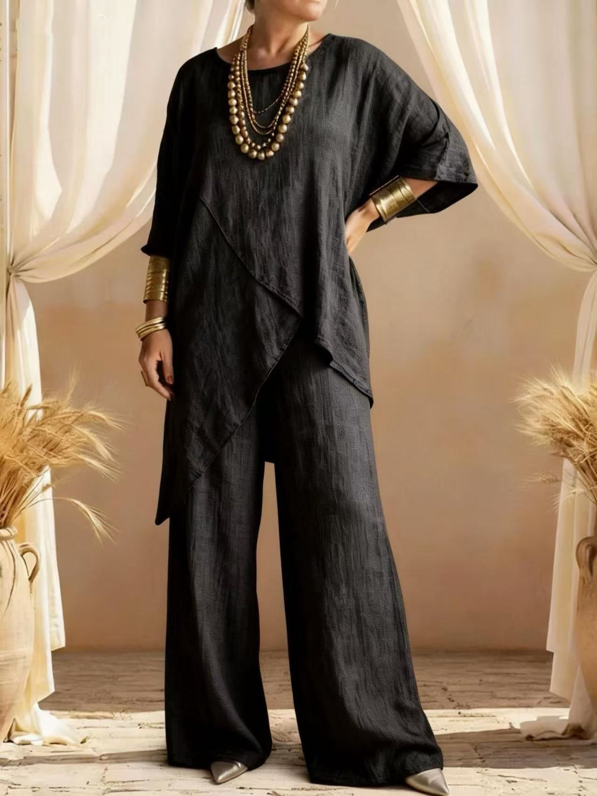 Completo in Lino con Tunica Asimmetrica e Pantaloni da Donna