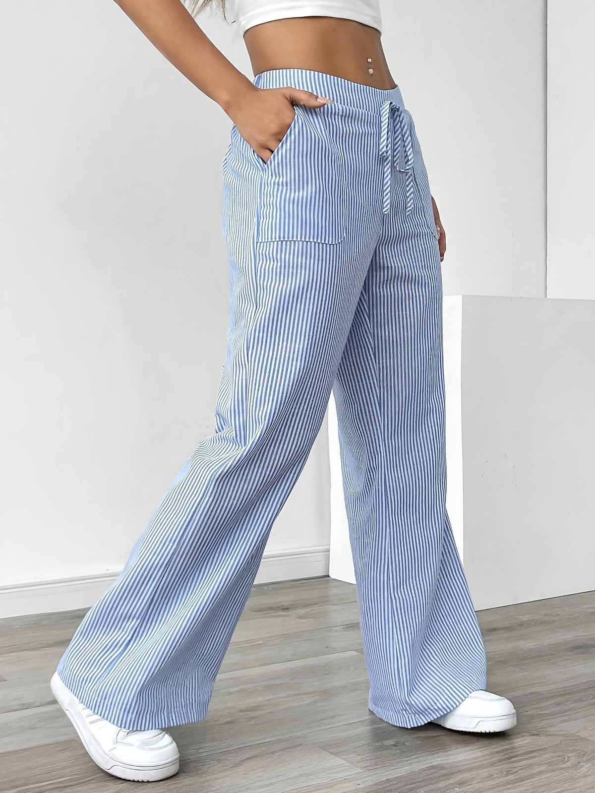 Pantaloni Larghi a Righe da Donna in Lino