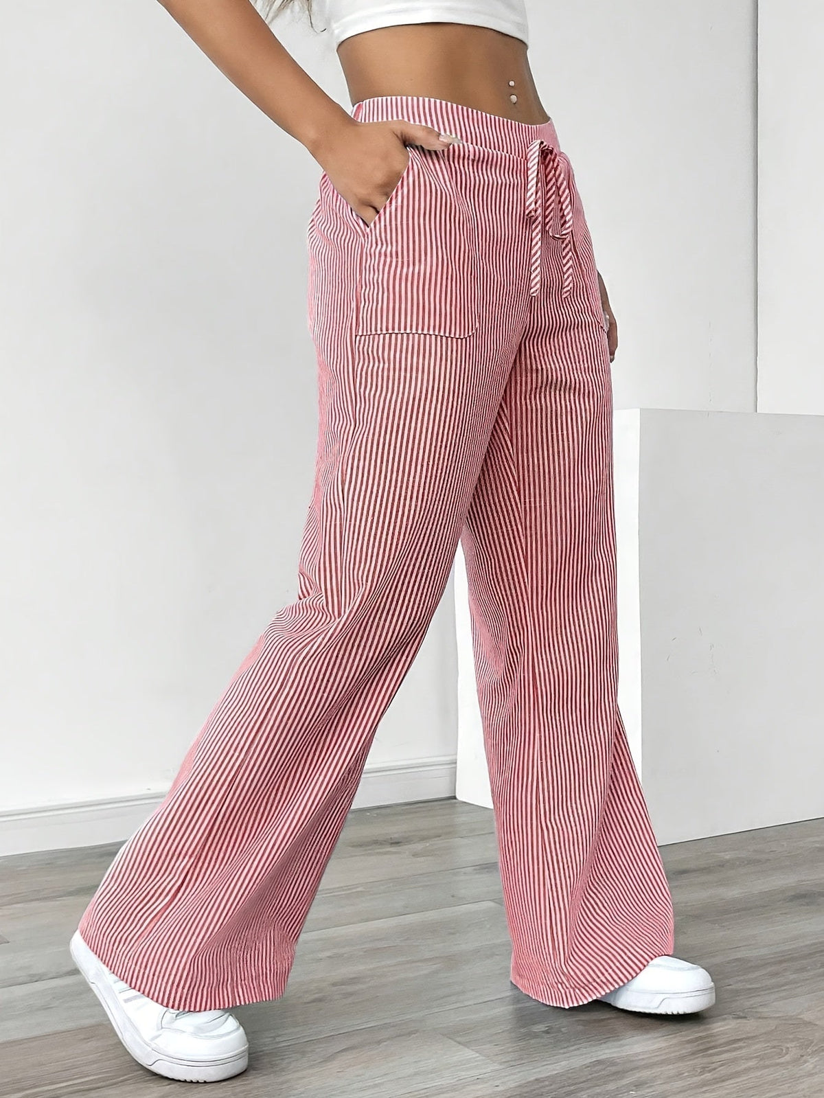 Pantaloni Larghi a Righe da Donna in Lino