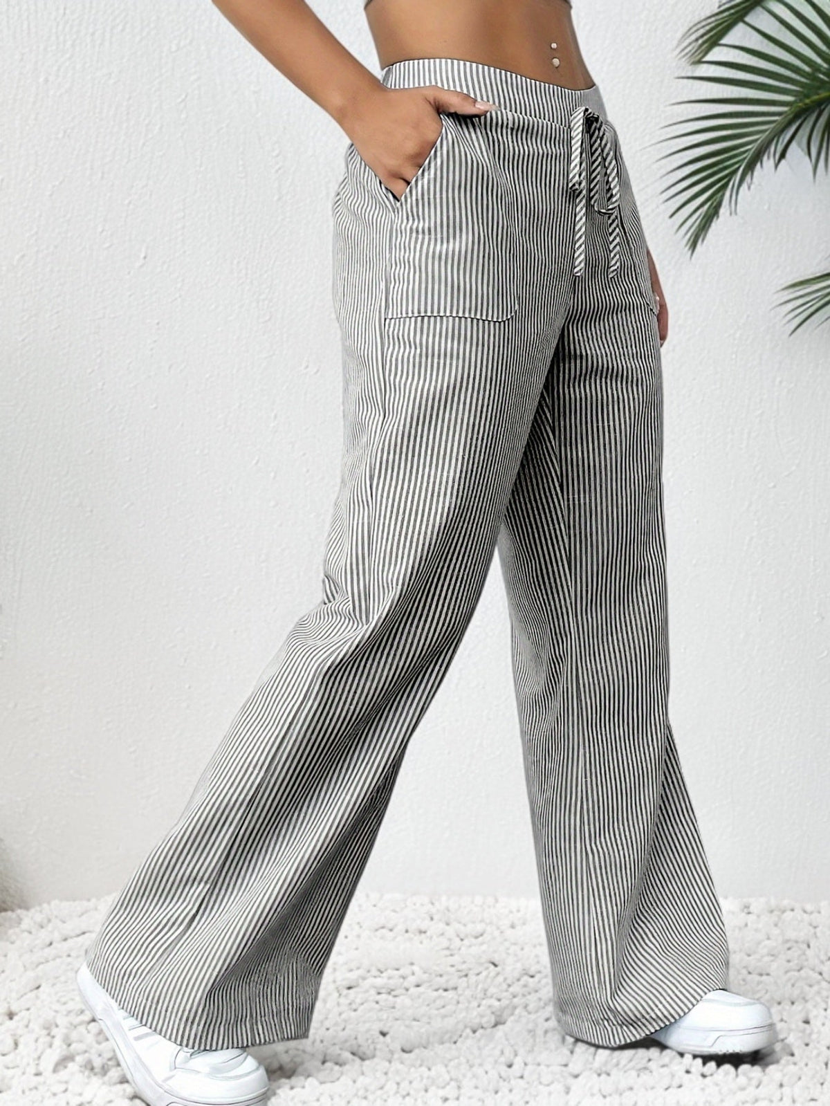 Pantaloni Larghi a Righe da Donna in Lino